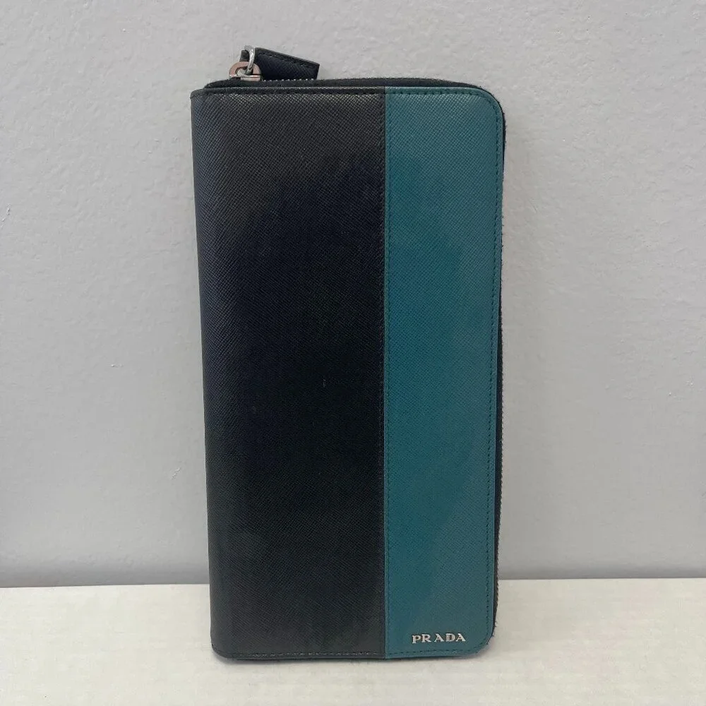 Prada Saffiano Leather Organizer Zippy Wallet in Black and Turquoise - Preowned